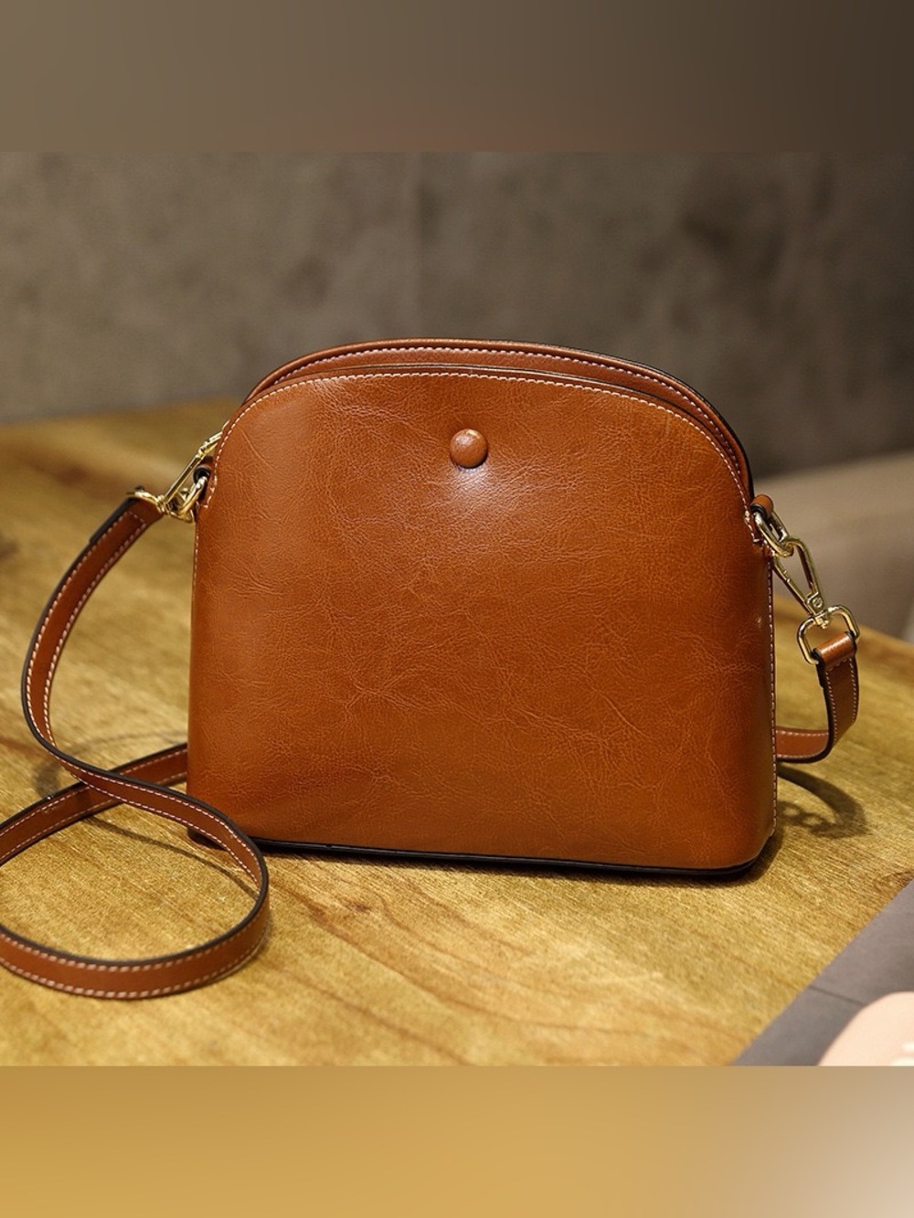 Everyday Brown Leather Crossbody Bag - Minimal Curved Silhouette